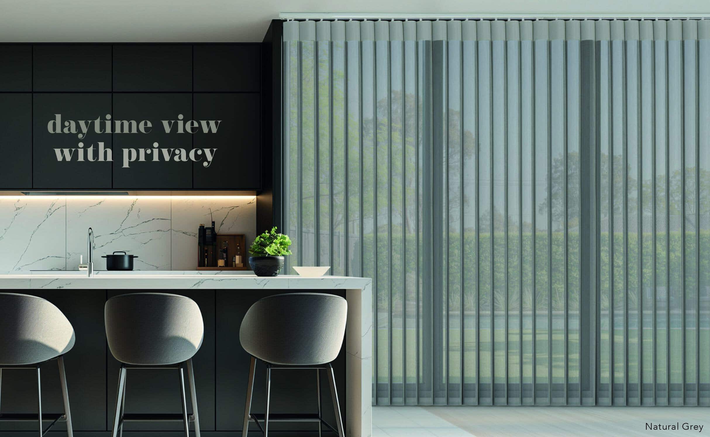Contemporary interior with sleek window blinds providing privacy and natural light control.