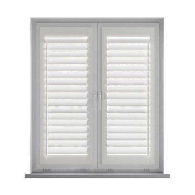 White shuttered window with adjustable louvers for effective sun shading and privacy.