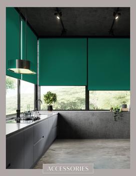 High-quality green roller blinds installed in a contemporary kitchen setting.