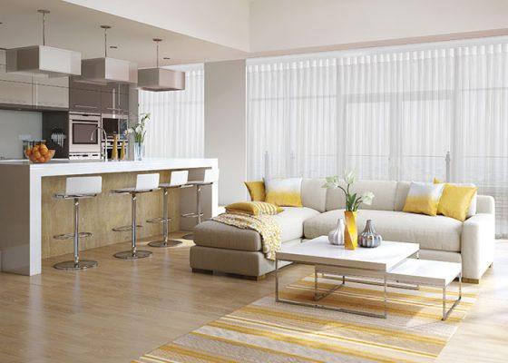 Sun shading system in contemporary living room with large windows and natural light control.