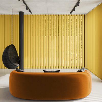 Contemporary interior featuring yellow shading systems and stylish furniture.
