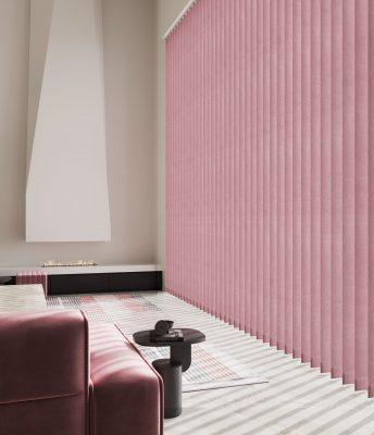 Modern pink vertical blinds in a stylish living room setting for shading and privacy.