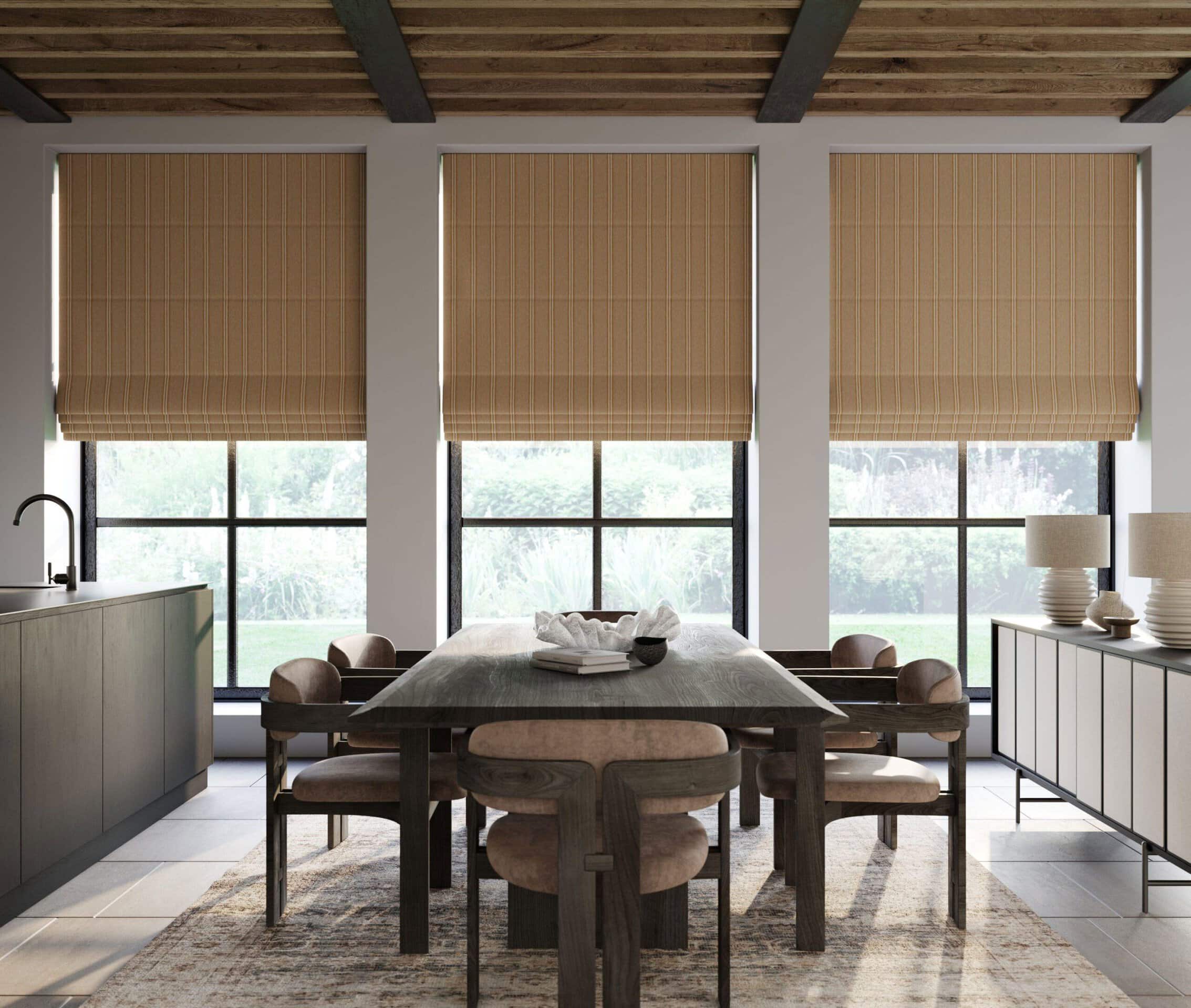 Contemporary beige roller blinds in a stylish dining room setting.
