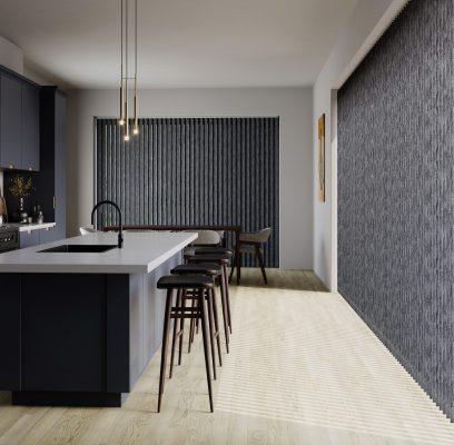 Sleek kitchen with Sovereign shading system, modern cabinetry, and stylish bar stools. Perfect for c.