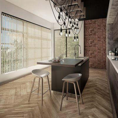 Modern kitchen with vertical blinds by Sovereign Shading Systems.