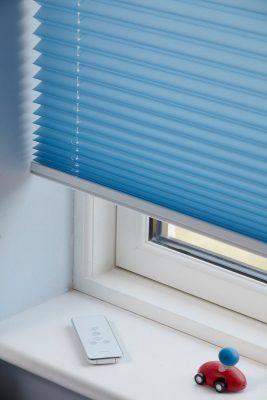 Blue Pleated Window Blinds for Sun Control.