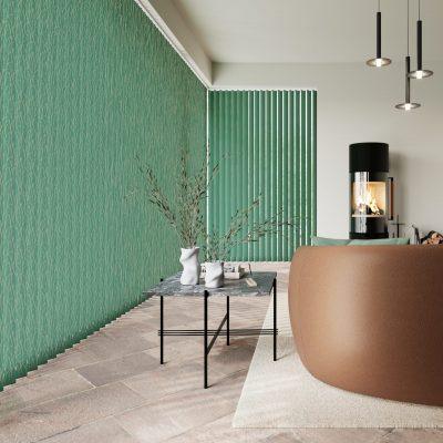 Interior shading system with green vertical blinds in modern living space.