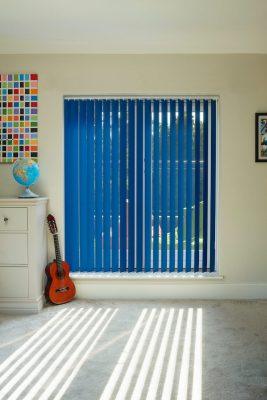 Vertical window blinds in vibrant blue for effective shading and privacy. Perfect for residential an.
