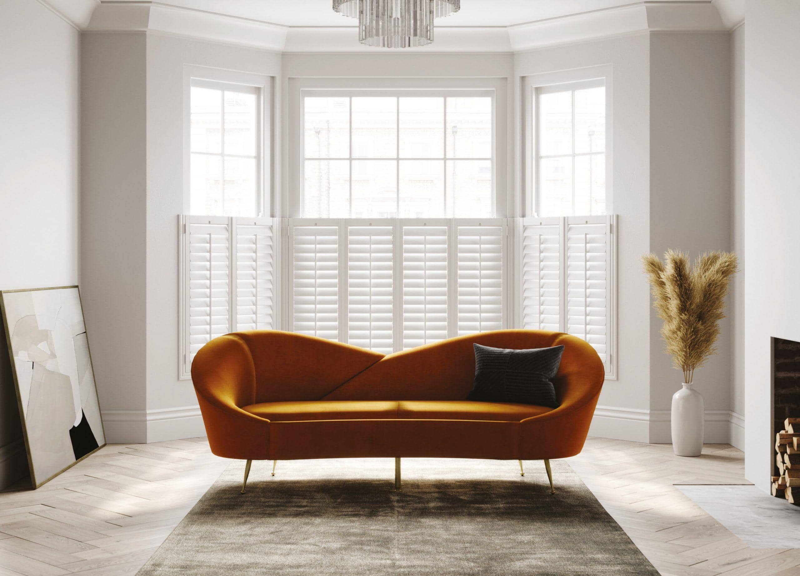 Modern living room with large bay window and white shutters, stylish interior design.