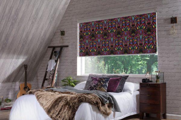 Custom patterned roller blind for modern bedroom.