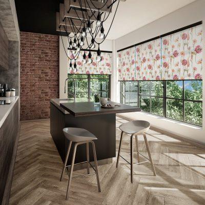 Elegant window blinds with floral patterns in a contemporary kitchen setting.