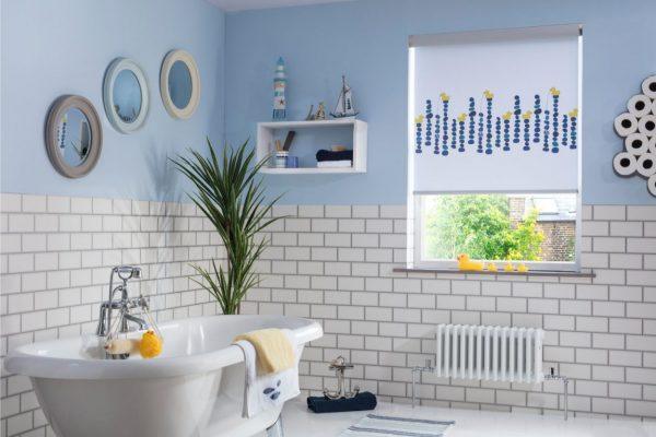 Modern bathroom with stylish window blinds and white brick walls.