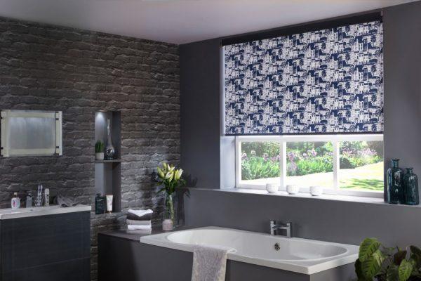 Modern bathroom with custom window shading and stylish decor.