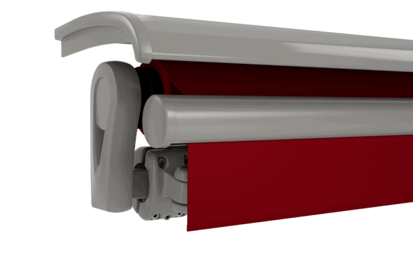 Modern retractable shading system with red fabric for outdoor sun protection.